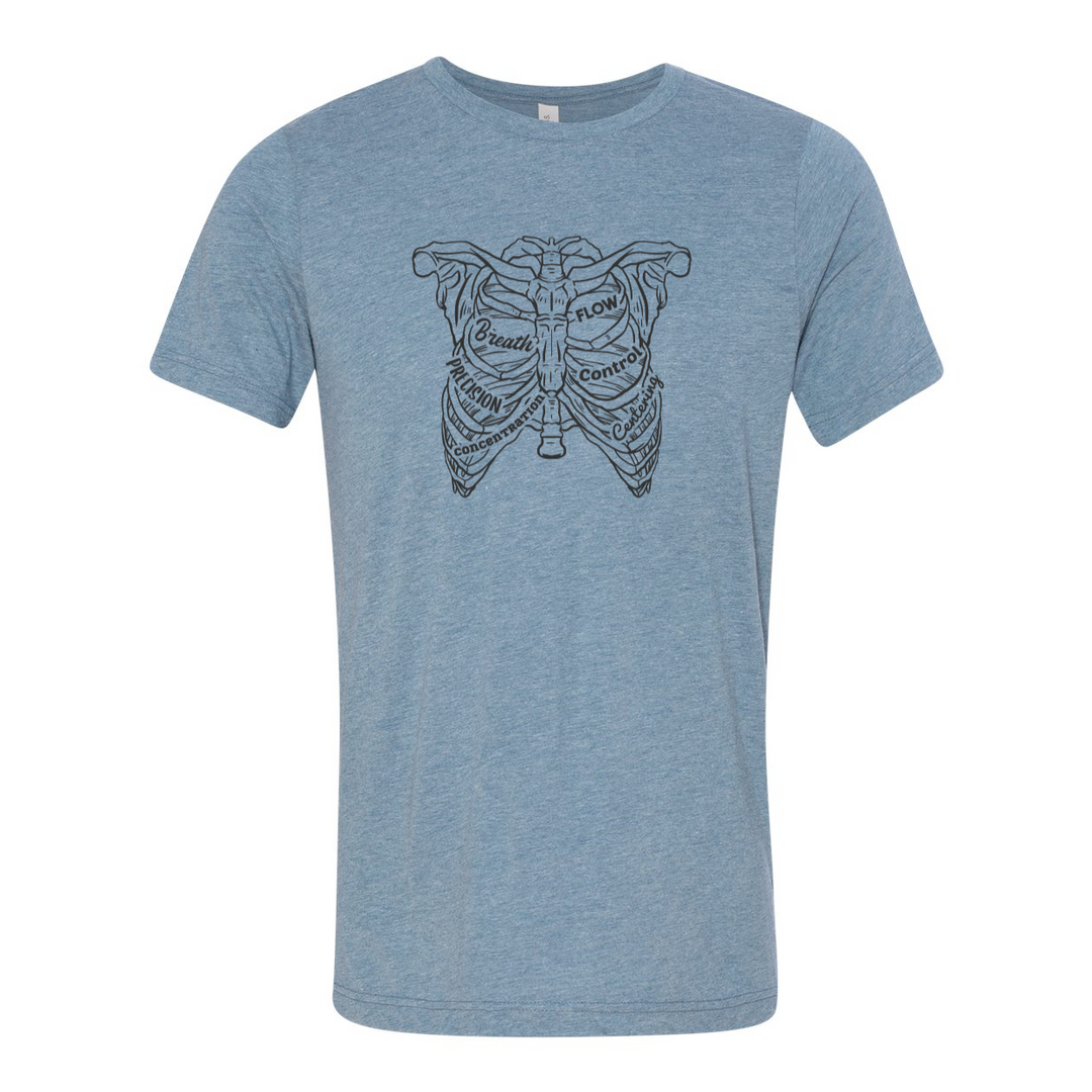 Blue Denim unisex crewneck t-shirt with a drawing of a rib cage with the ribs designed as the 6 pilates principles