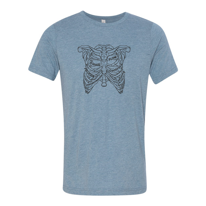 Blue Denim unisex crewneck t-shirt with a drawing of a rib cage with the ribs designed as the 6 pilates principles