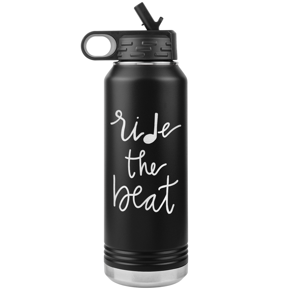 32oz black water bottle that says "ride the beat" in laser etched