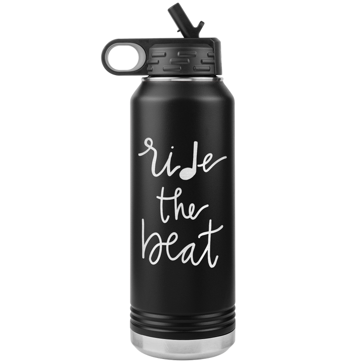 32oz black water bottle that says "ride the beat" in laser etched