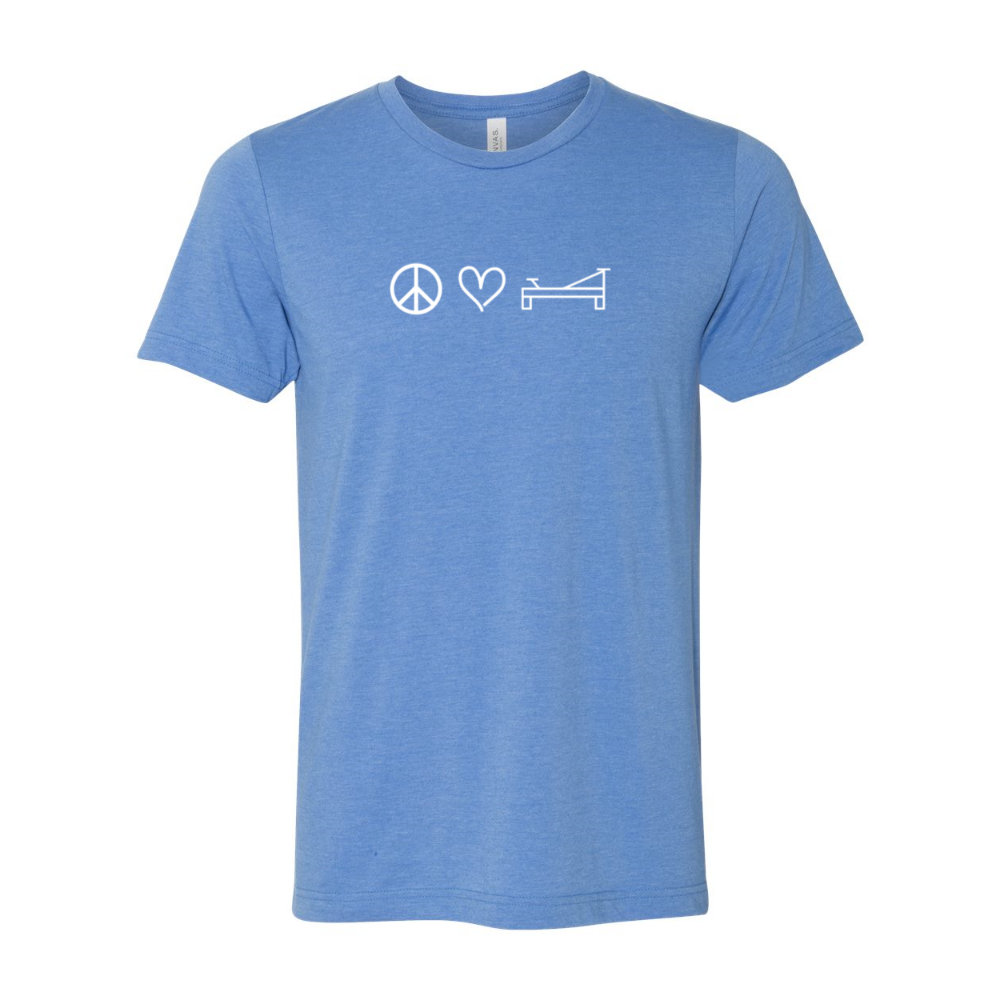 Unisex crew neck heather Columbia blue t-shirt that shows a peace sign, a heart, or a Pilates reformer.