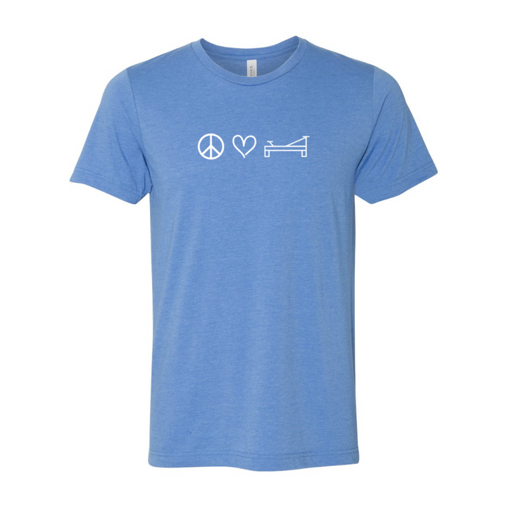 Unisex crew neck heather Columbia blue t-shirt that shows a peace sign, a heart, or a Pilates reformer.