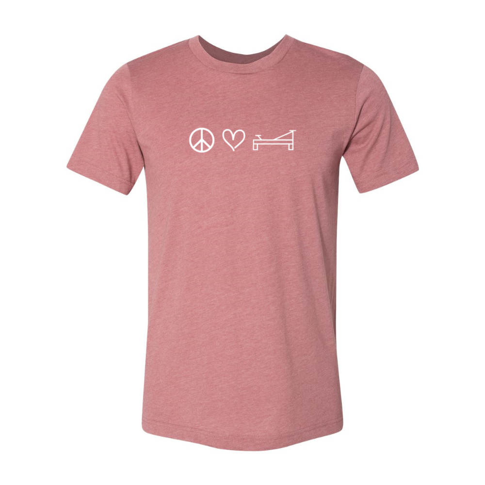 Unisex crew neck heather mauve t-shirt that shows a peace sign, a heart, or a Pilates reformer.