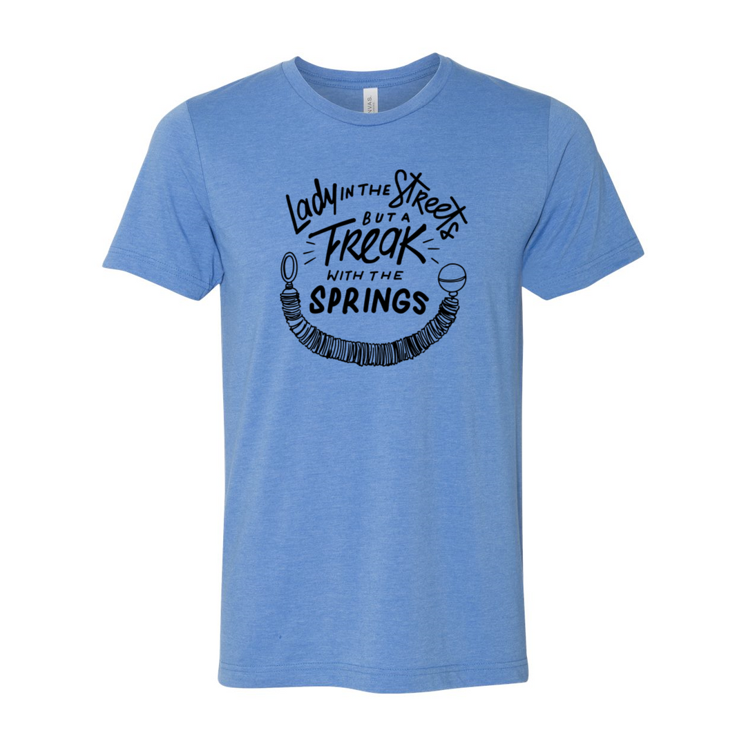 Heather Columbia Blue crew neck t-shirt that says "Lady in the streets but a freak with the springs" and a Pilates Reformer Spring design