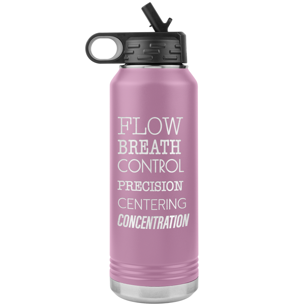 Light Purple Metal Water bottle that is 32oz and  that has the 6 pilates principles listed in white text . The Pilates Principles are flow, breath, control, precision, centering, concentration.