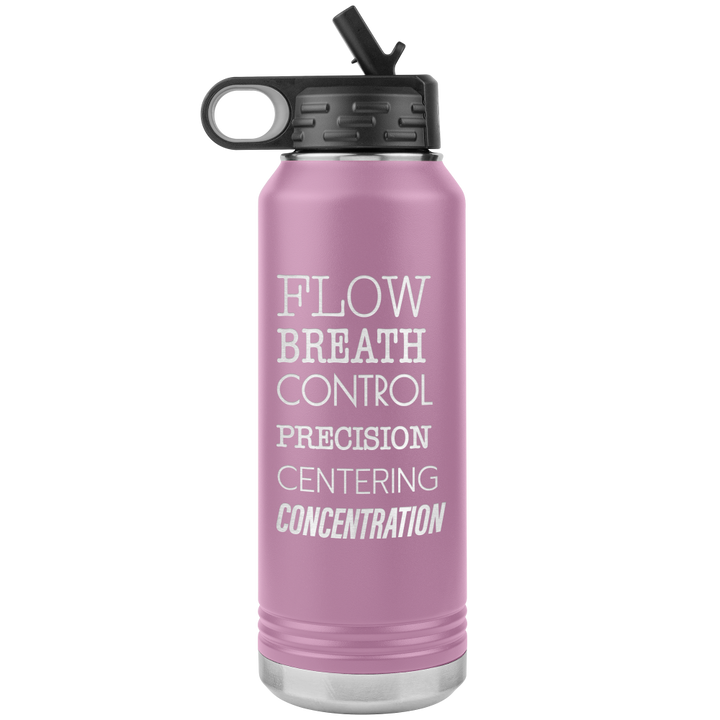 Light Purple Metal Water bottle that is 32oz and  that has the 6 pilates principles listed in white text . The Pilates Principles are flow, breath, control, precision, centering, concentration.
