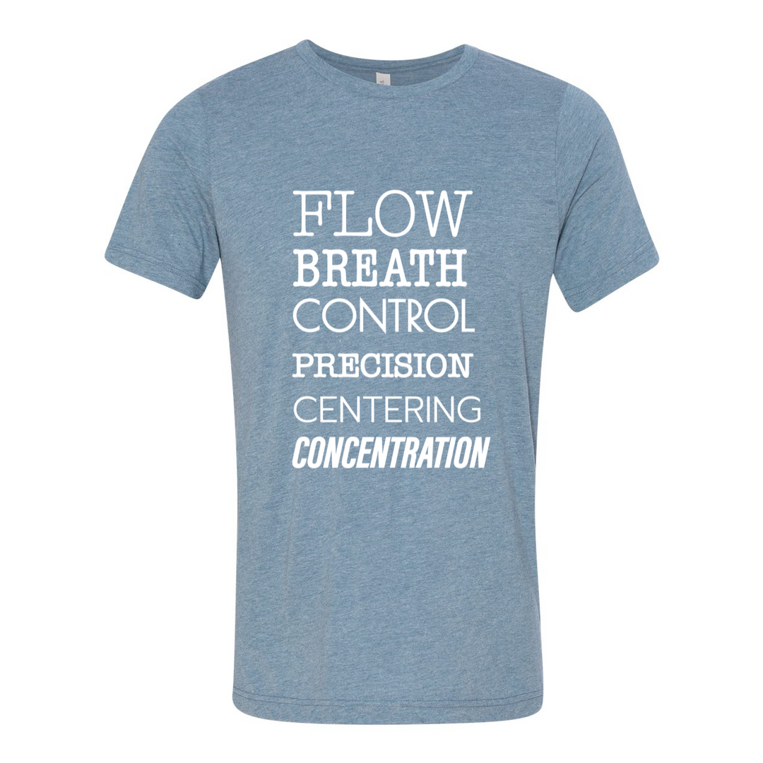 Denim Blue unisex crewneck t-shirt that has the 6 pilates principles listed in white text . The Pilates Principles are flow, breath, control, precision, centering, concentration.