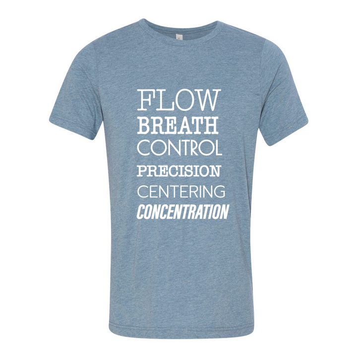 Denim Blue unisex crewneck t-shirt that has the 6 pilates principles listed in white text . The Pilates Principles are flow, breath, control, precision, centering, concentration.