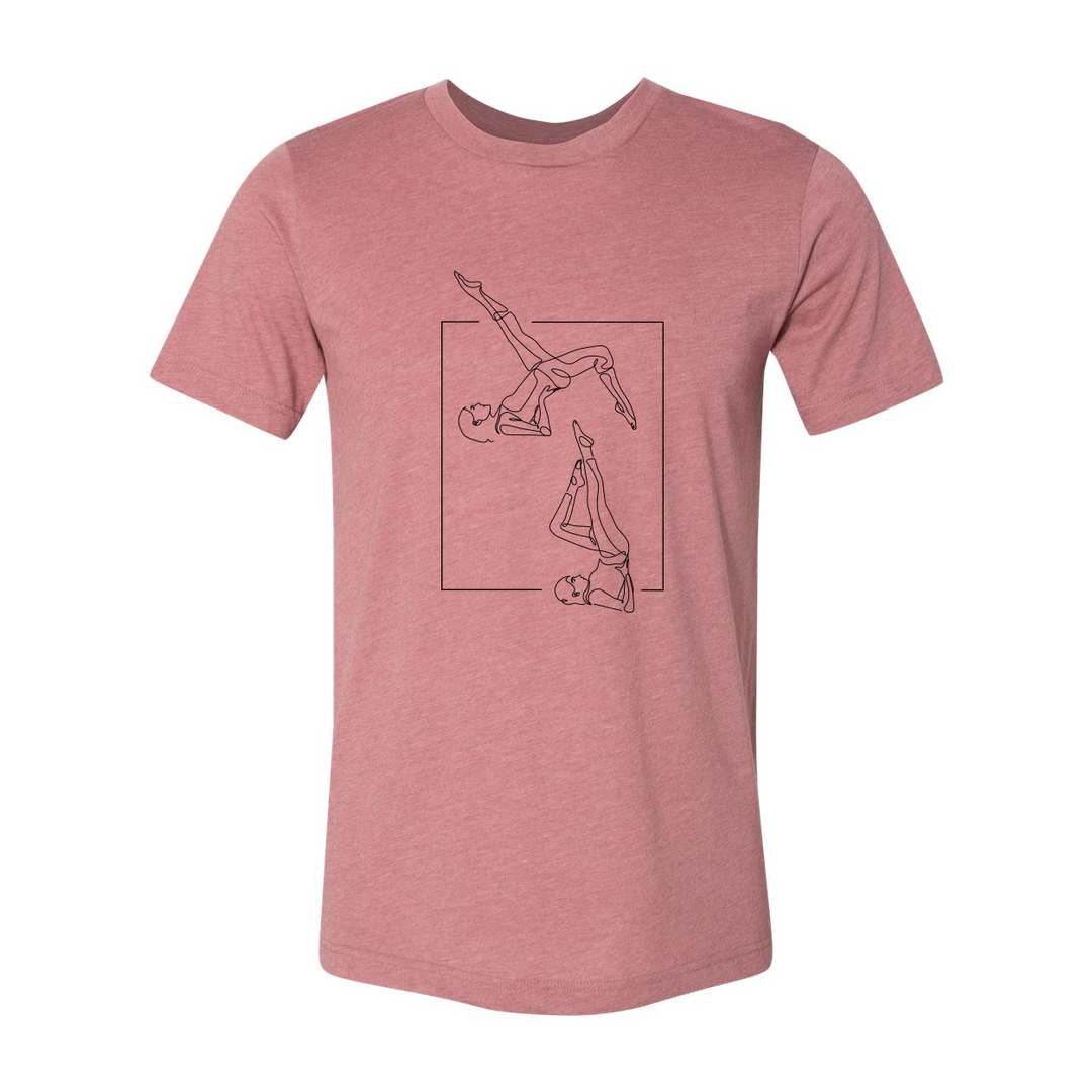 A heather mauve unisex crew t-shirt that has a line drawing of two people doing the Pilates Exercise the bicycle