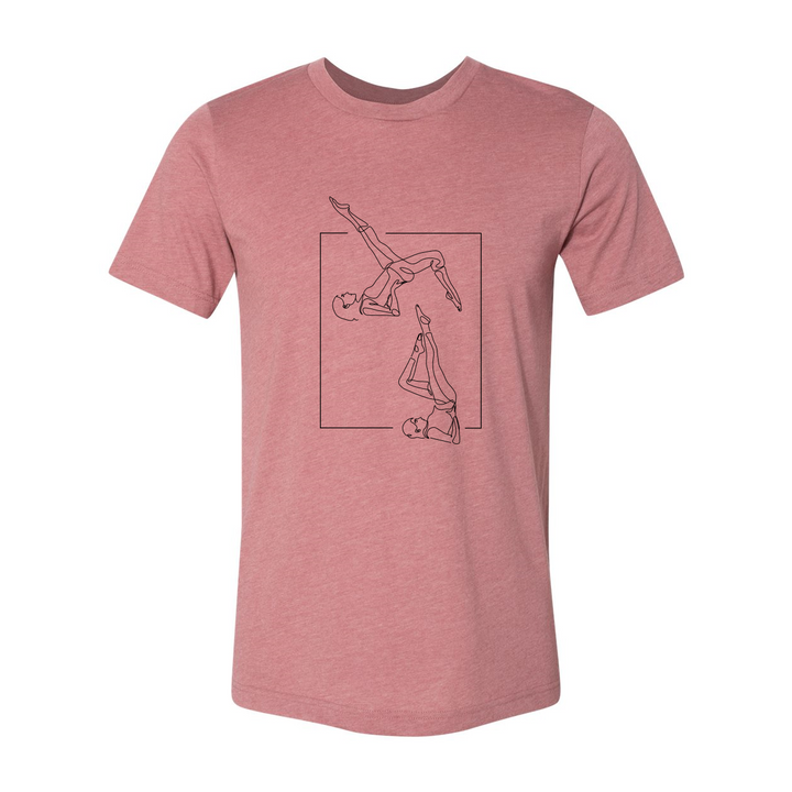 A heather mauve unisex crew t-shirt that has a line drawing of two people doing the Pilates Exercise the bicycle