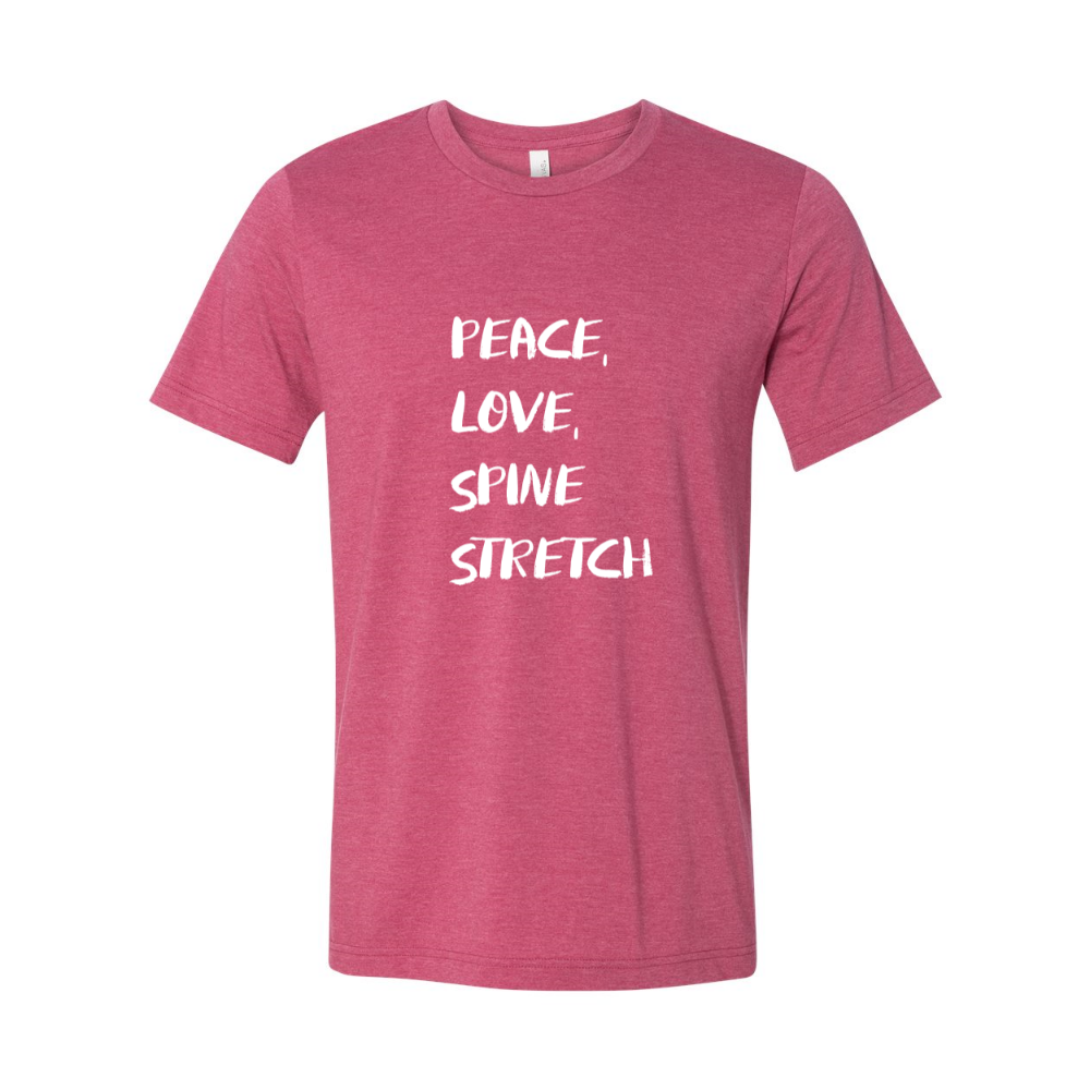 Woman wearing a Heather Raspberry Unisex Crewneck T-Shirt Peace, Love, Spine Stretch. Trees are in the background.
