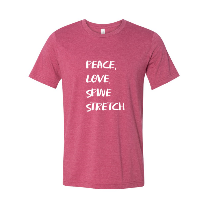 Woman wearing a Heather Raspberry Unisex Crewneck T-Shirt Peace, Love, Spine Stretch. Trees are in the background.