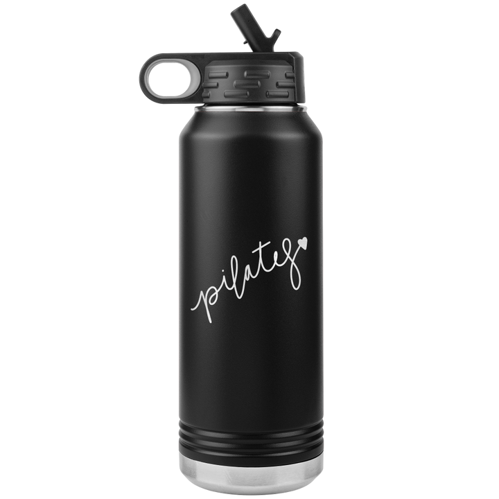 32 oz black water bottle that has the words Pilates laser etched on one side, with a heart at the end of the word "Pilates"