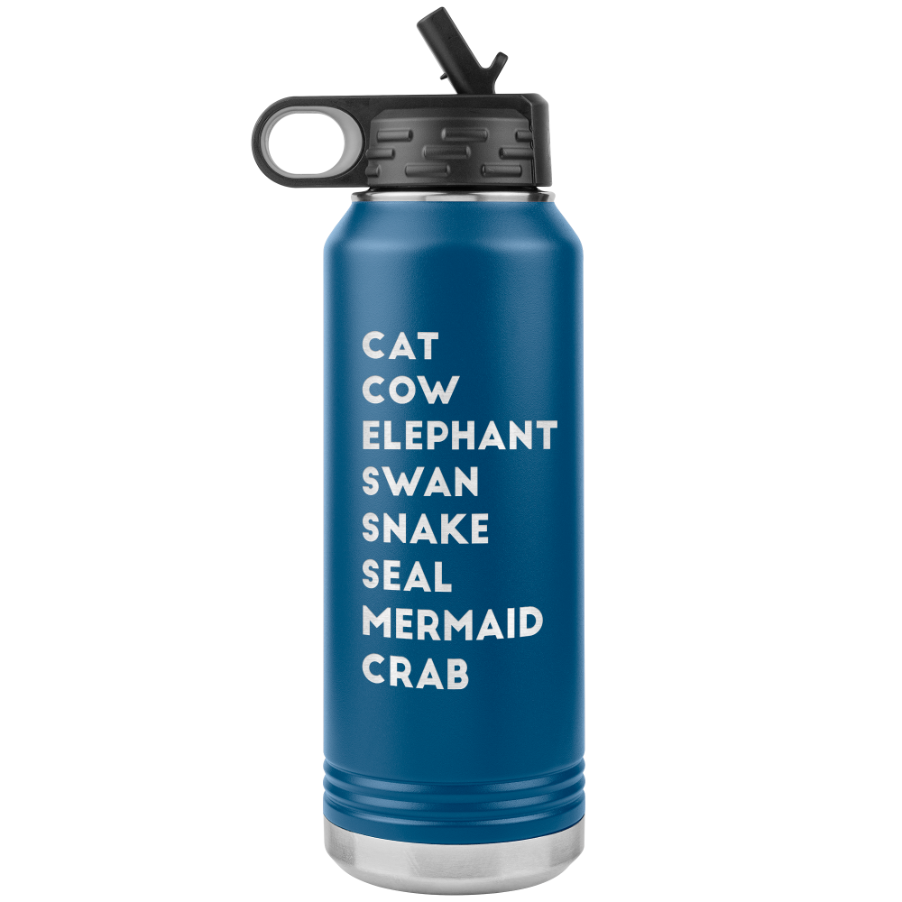 Blue 32oz with a listing of Pilates Animals exercises on one side: Cat, Cow, Elephant, Swan, Snake, Seal, Mermaid, Crab.