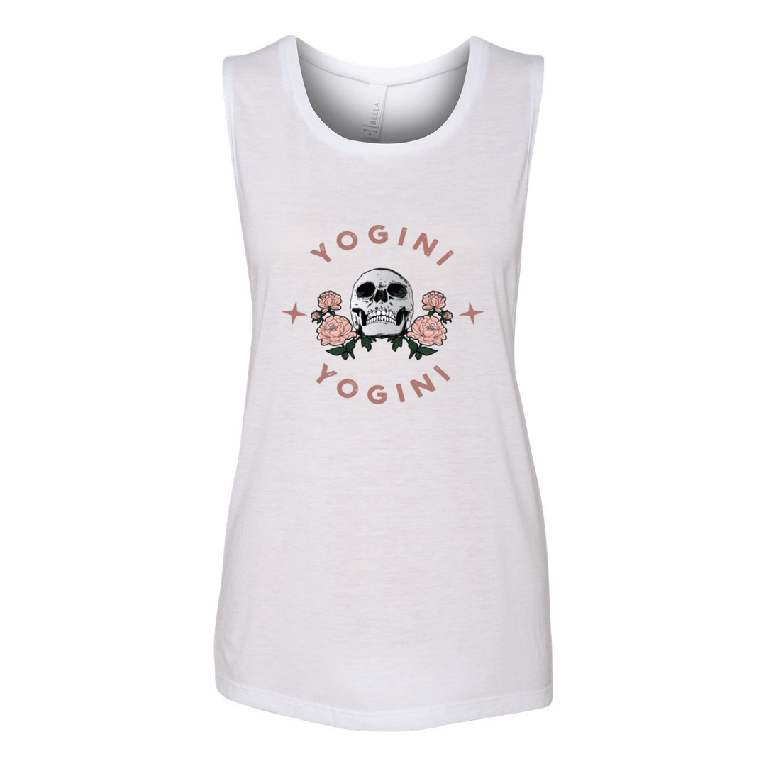 White muscle tank top with the words "Yogini" in a semi circle on the top and bottom of the design. There is a skull in the middle of the tank top.