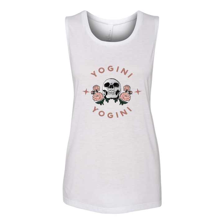 White muscle tank top with the words "Yogini" in a semi circle on the top and bottom of the design. There is a skull in the middle of the tank top.