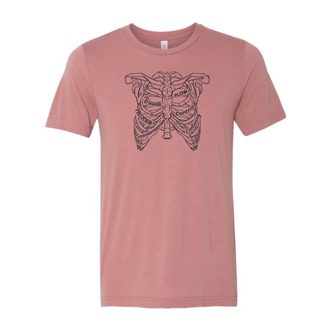 Heather Mauve unisex crewneck t-shirt with a drawing of a rib cage with the ribs designed as the 6 pilates principles