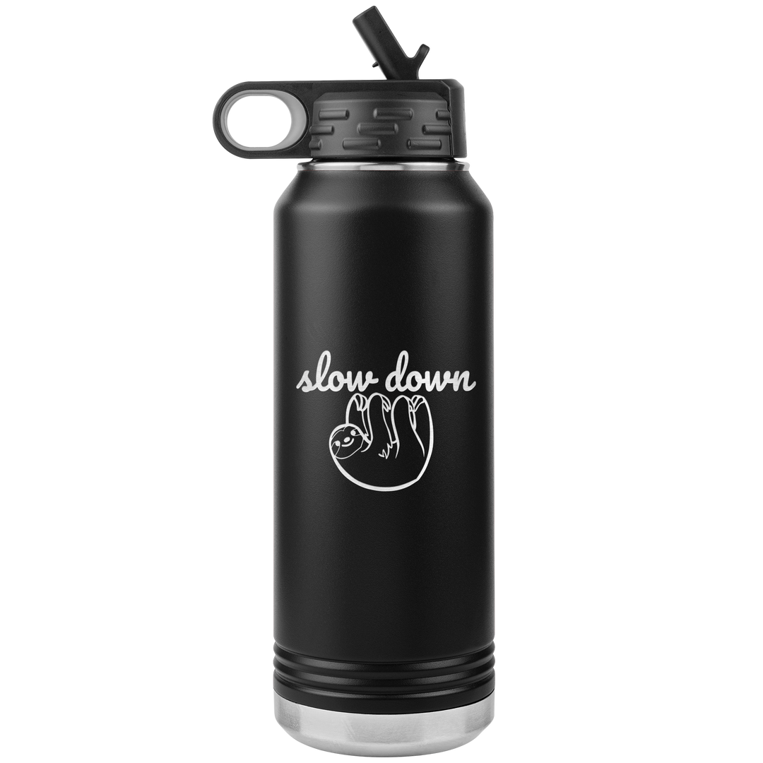 Black 32oz Polar Camal Water bottle that has a picture of a sloth etched on it with the words "slow down" in script.