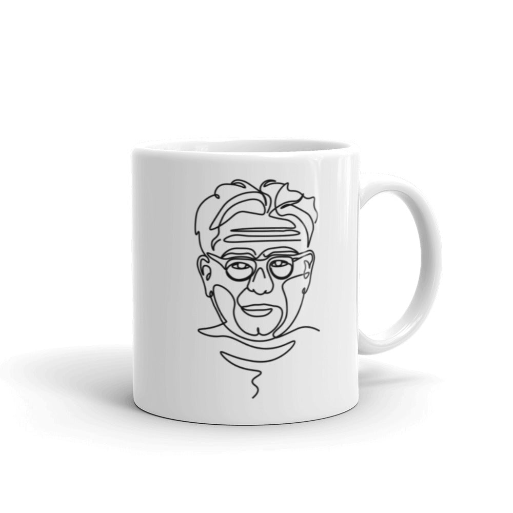 11oz white coffee mug Single Line Drawing Of Joseph Pilates on a 15oz white coffee mug.