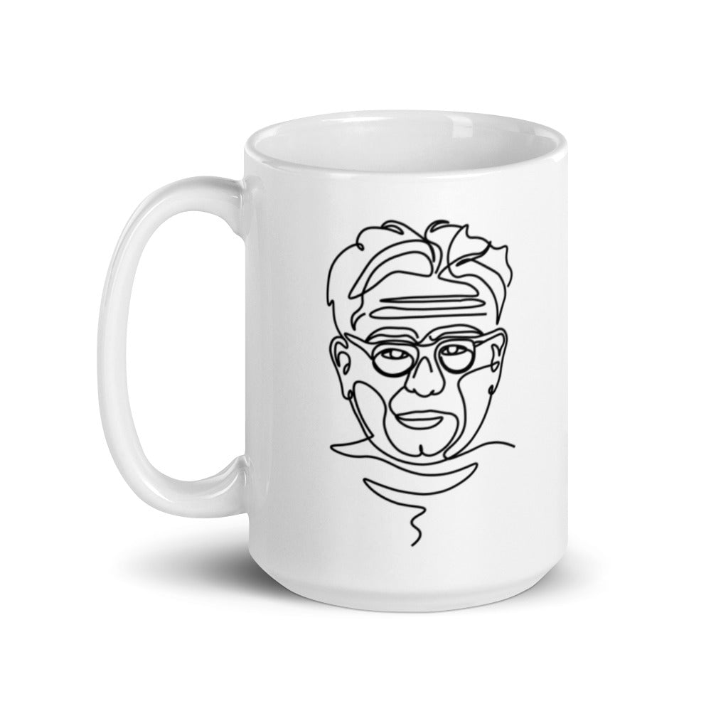 15oz white coffee mug Single Line Drawing Of Joseph Pilates on a 15oz white coffee mug.