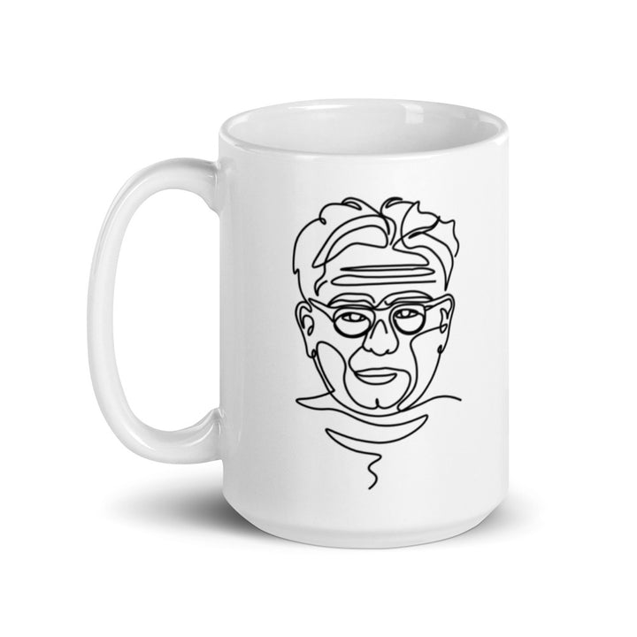 15oz white coffee mug Single Line Drawing Of Joseph Pilates on a 15oz white coffee mug.