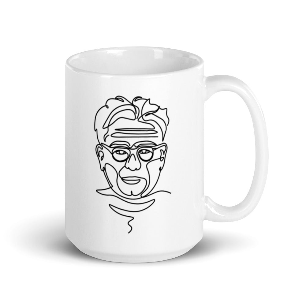 15oz white coffee mug Single Line Drawing Of Joseph Pilates on a 15oz white coffee mug.