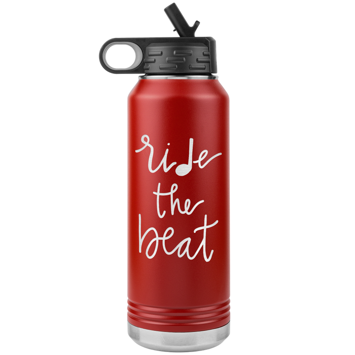 32oz red water bottle that says "ride the beat" laser etched
