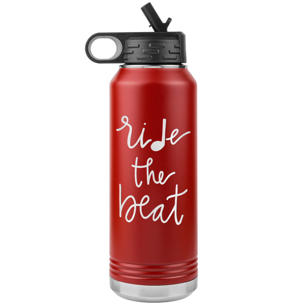 32oz red water bottle that says "ride the beat" laser etched