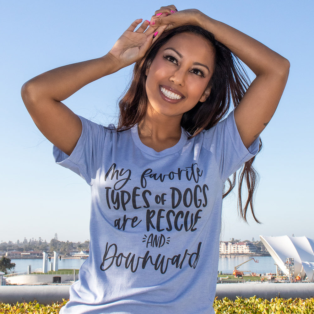 Woman wearing a heather blue unisex crew t-shirt that says "my favorite type of dogs are rescue and downward"