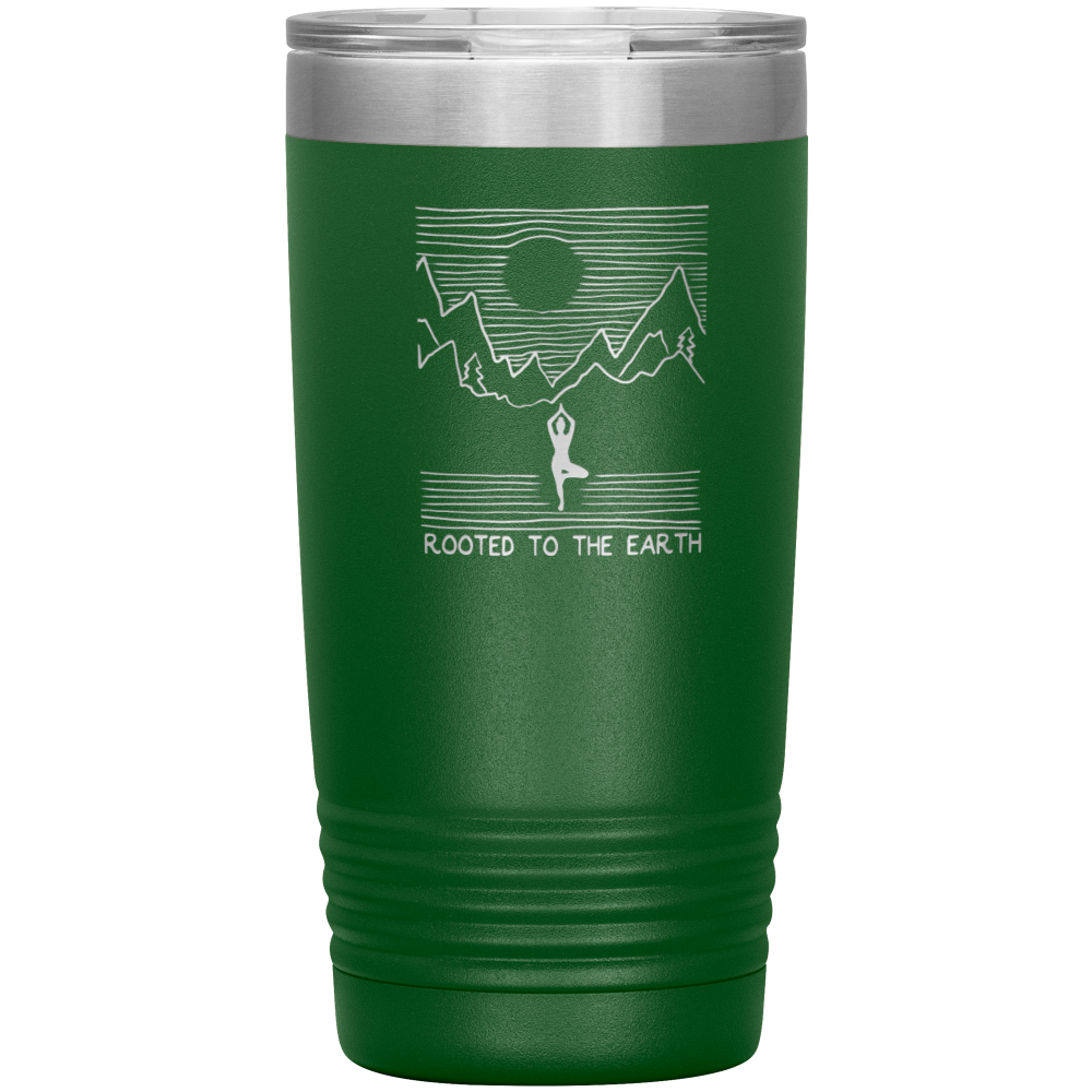 Green travel mug that says rooted to the earth in laser etched in one mug
