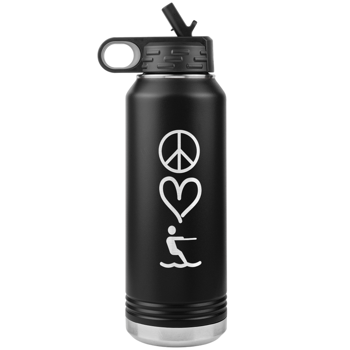 Light black 32oz stainless steel water bottle that has peace, love, waterski laser engraved into 1 side