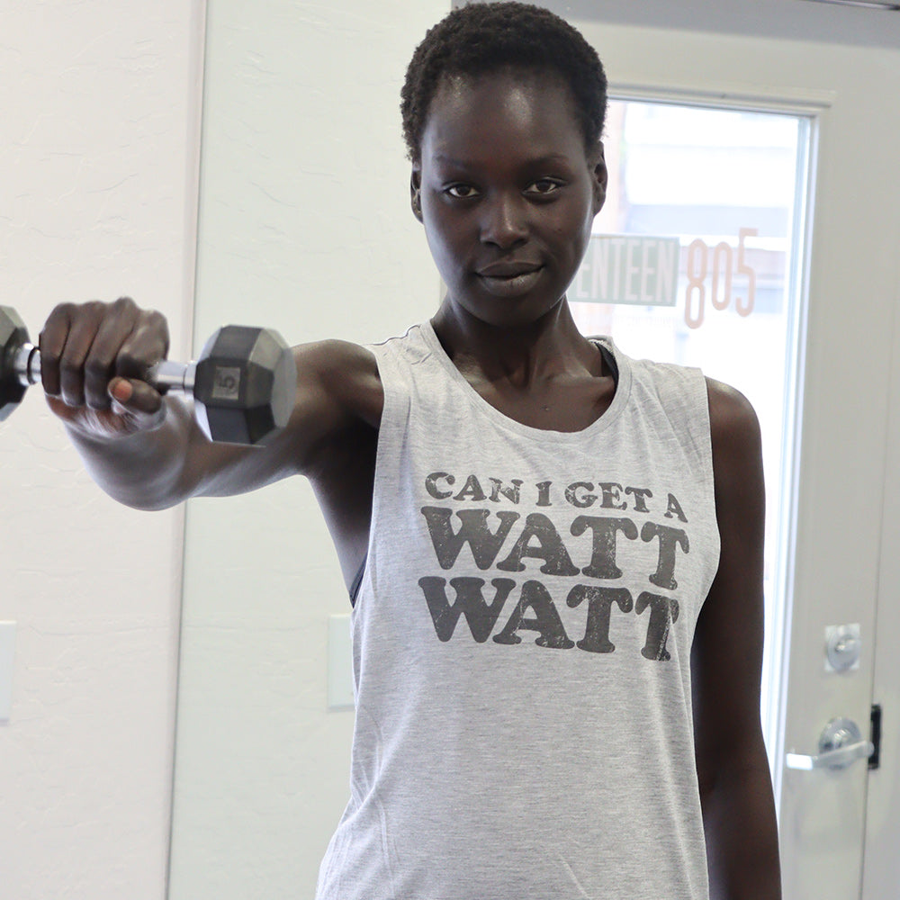 Woman wearing a grey muscle tank top that says Can I get A Watt Watt?