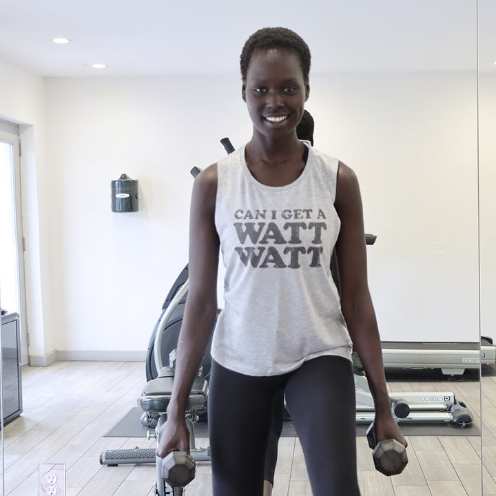 Woman wearing a grey muscle tank top that says Can I get A Watt Watt?