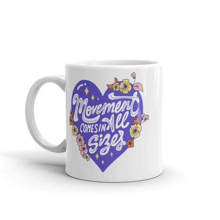 11oz White coffee mug that says "movement comes in all sizes" in a purple heart