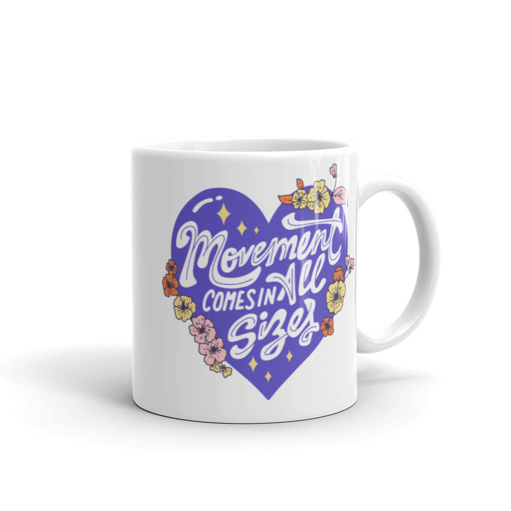 11oz White coffee mug that says "movement comes in all sizes" in a purple heart
