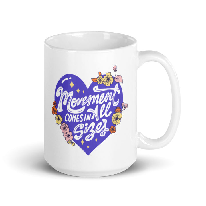 15oz White coffee mug that says "movement comes in all sizes" in a purple heart