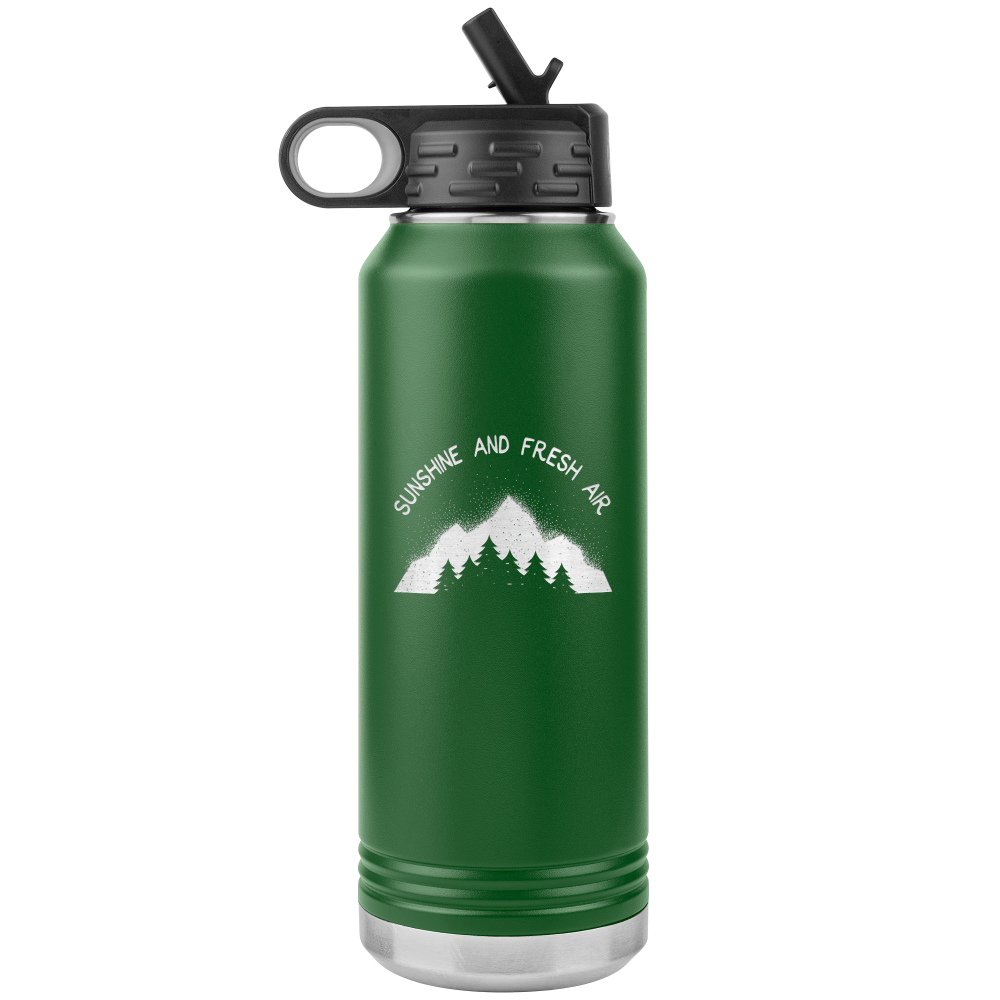 Green 32oz water bottle that says "sunshine and fresh air"