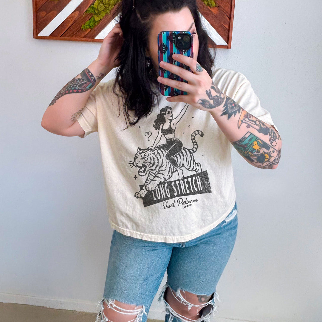 Long Stretch Short Patience Mid Length Cropped T-Shirt