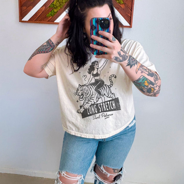 Long Stretch Short Patience Mid Length Cropped T-Shirt