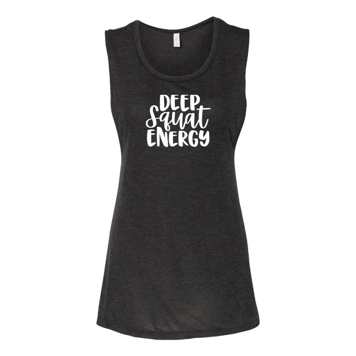 Black muscle tank top with 1" armhole that says "Deep Squat Energy" on the chest in white font.