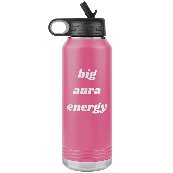 light pink metal water bottle that says "big aura energy" laser engraved on ONE side only.