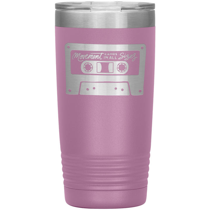 Purple 20oz tumbler that says "movement comes in all sizes" on one side 