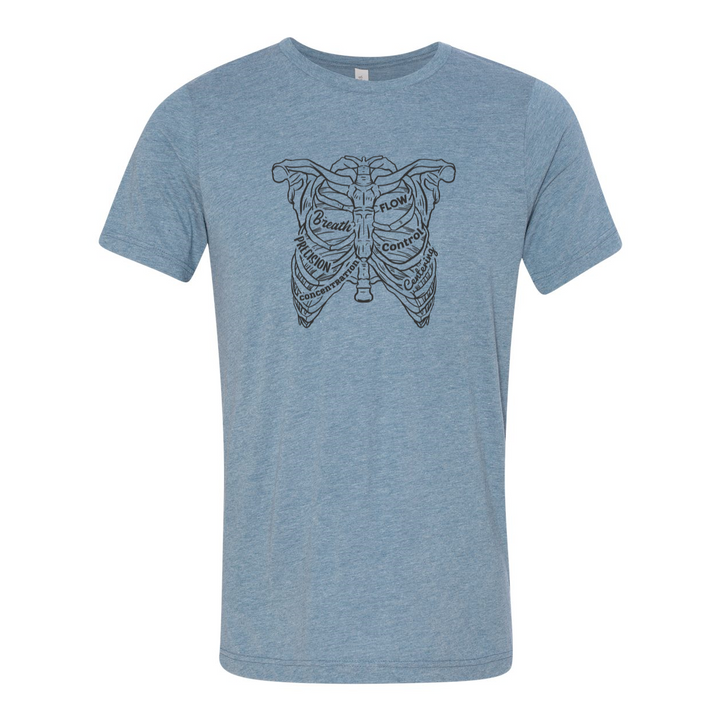 Blue Denim unisex crewneck t-shirt with a drawing of a rib cage with the ribs designed as the 6 pilates principles 