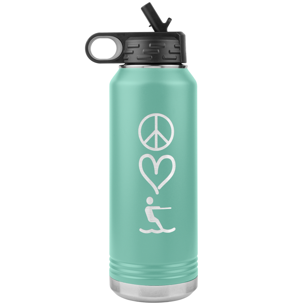 Light green 32oz stainless steel water bottle that has peace, love, waterski laser engraved into 1 side