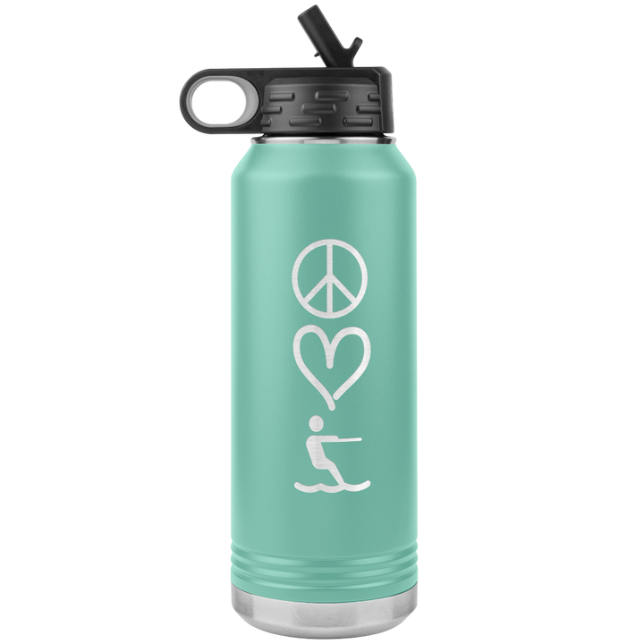 Light green 32oz stainless steel water bottle that has peace, love, waterski laser engraved into 1 side