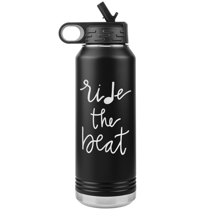 32oz black water bottle that says "ride the beat" in laser etched 