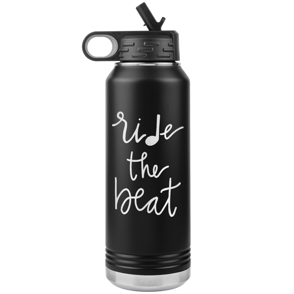 32oz black water bottle that says "ride the beat" in laser etched 