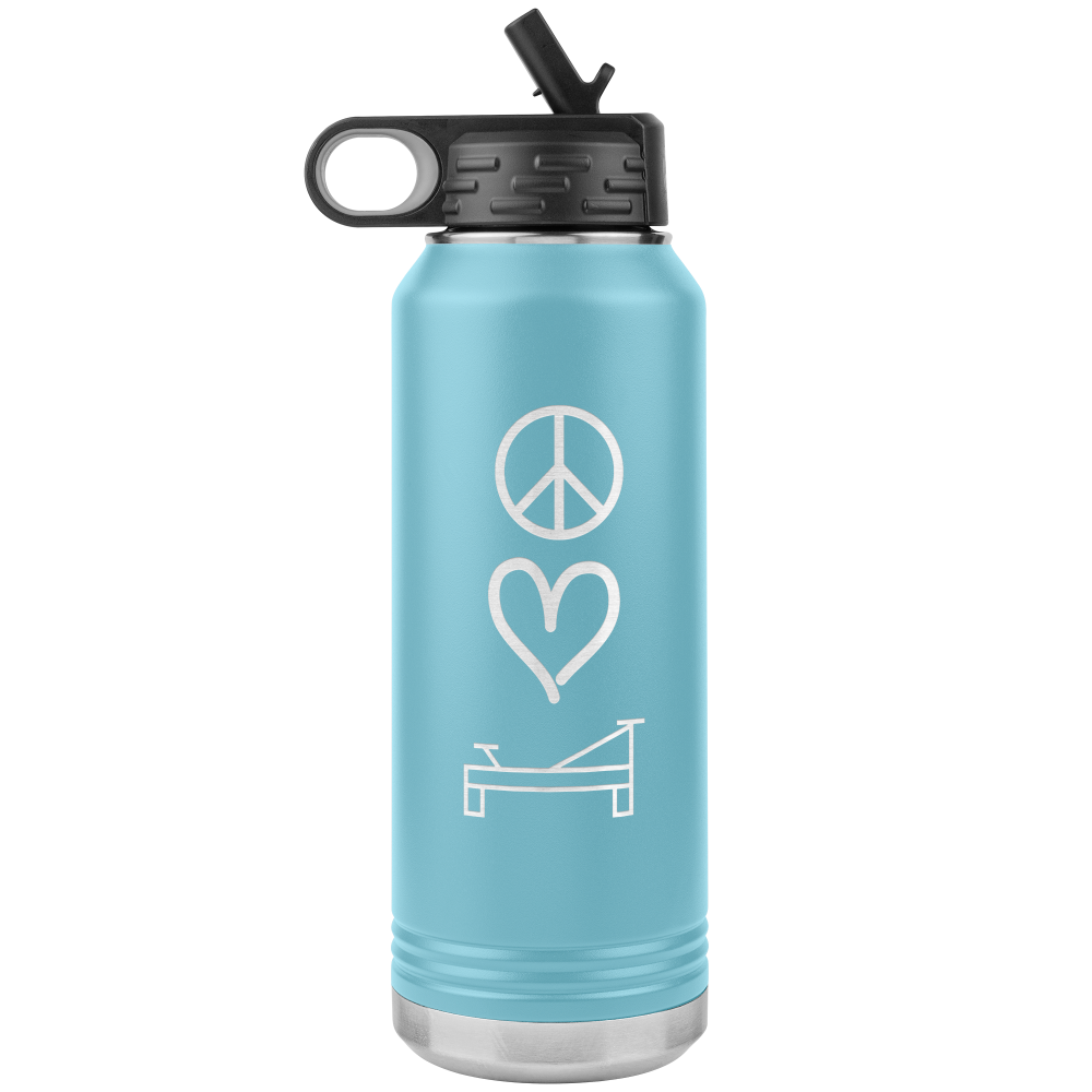 Light blue 32oz stainless steel water bottle that has peace, love, pilates laser engraved into 1 side