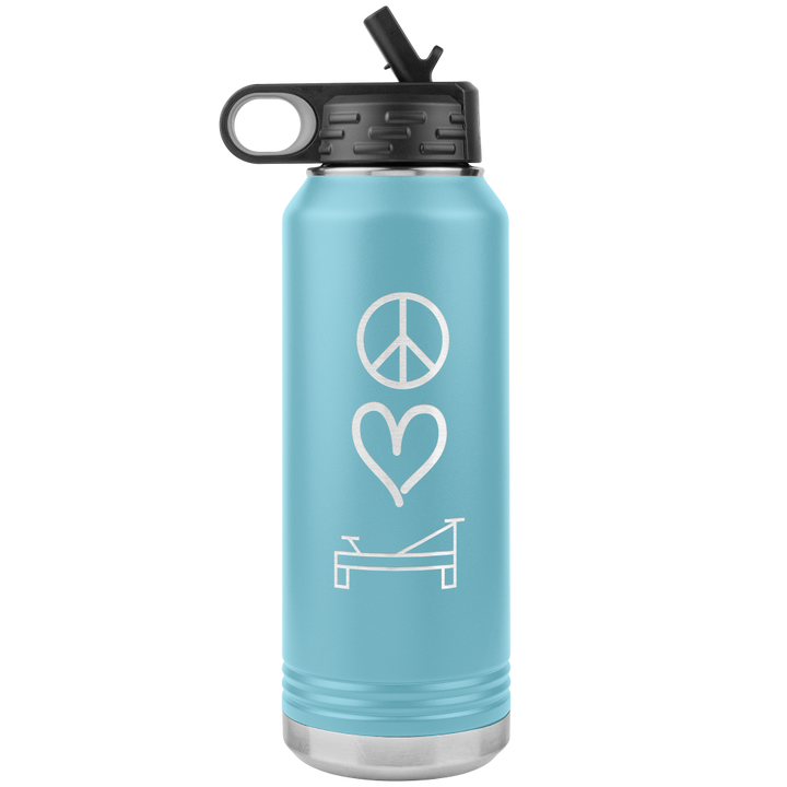 Light blue 32oz stainless steel water bottle that has peace, love, pilates laser engraved into 1 side