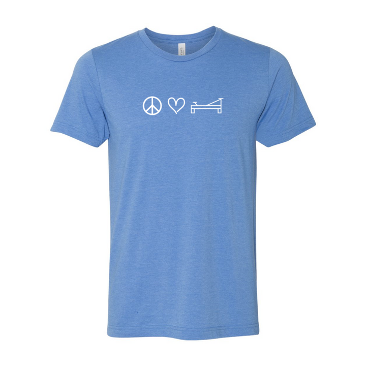 Unisex crew neck heather Columbia blue t-shirt that shows a peace sign, a heart, or a Pilates reformer. 
